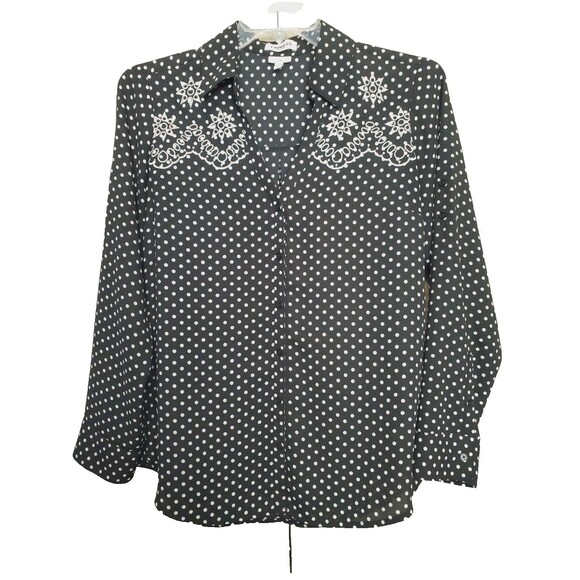 Express Portofino Slim Black Polka Dot Eyelet Embroidered Roll-Tab Button-Up LGE - Picture 1 of 8